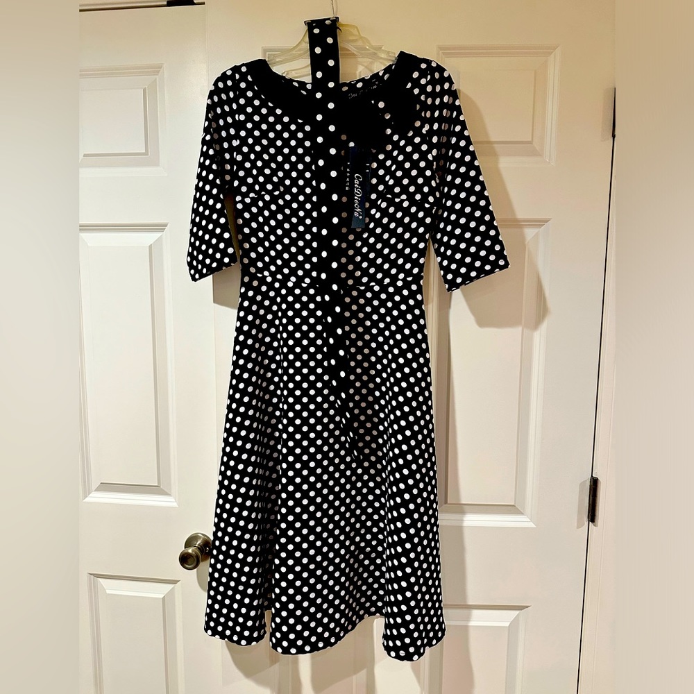 Black and white polka dot belted swing dress; Medium; New with tags, CaiDieNu
